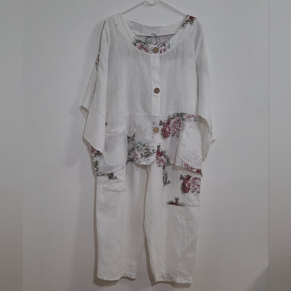Elegant Linen Floral Women's Pantsuit